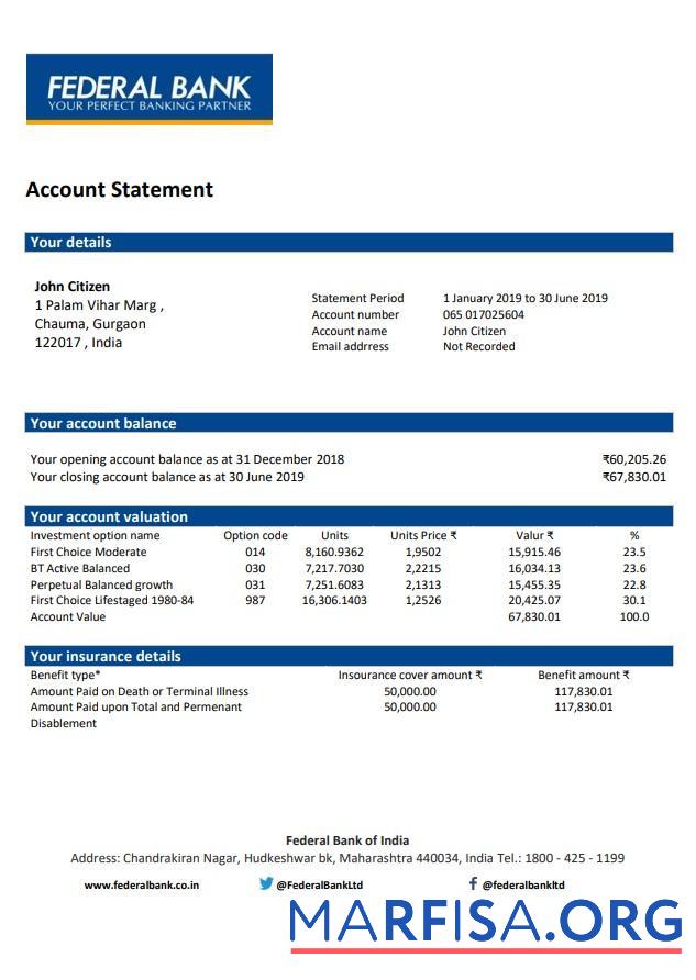 Printable India Federal bank statement word real example